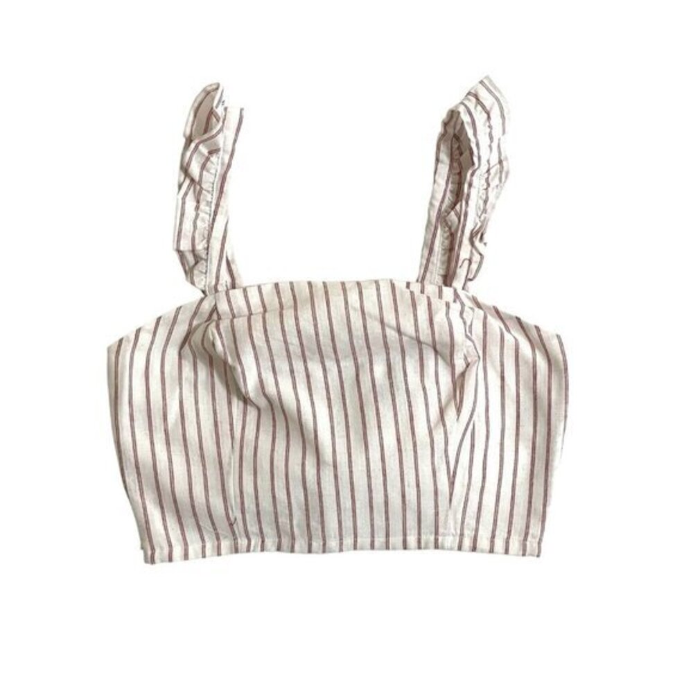 AQUA Striped Cotton Blend Ruffle Crop Top White Red Striped Back Tie SZ M NWT